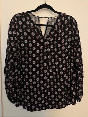 Pleione Black Geometric V-Neck Long Sleeve Blouse